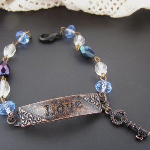 Love Bar Bracelet for Women Message Vintage ID Blue Bead